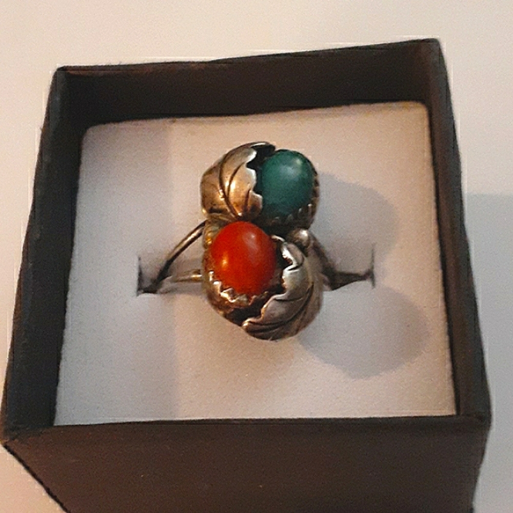 SOLD VTG 🧡 REAL Coral & Malachite Sterling Ring - Picture 3 of 11